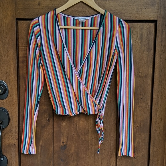 Caution To The Wind Tops - Striped wrap blouse crop top